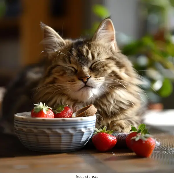 A ginger cat sleeping next to a bowl of strawberries