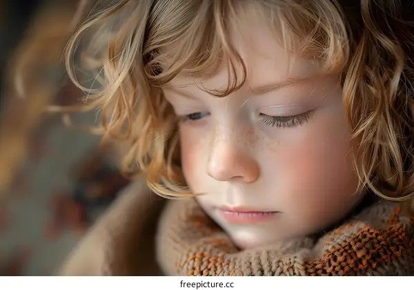 Closeup Portrait of a Young Girl with Curly Blonde Hair and Freckles