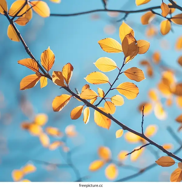 Autumn Leaves on a Branch with Blue Sky Background