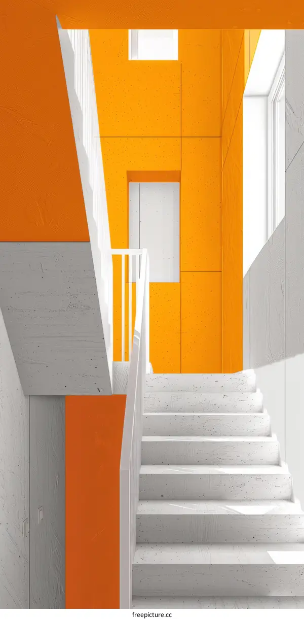 White and Orange Staircase in Modern Building Interior
