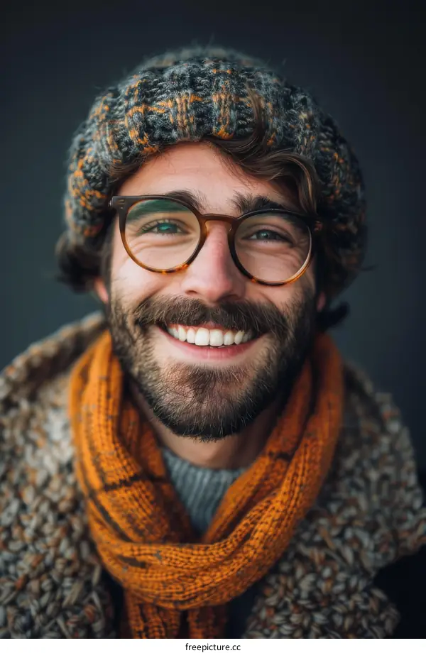 Smiling Man in Knitted Hat and Scarf