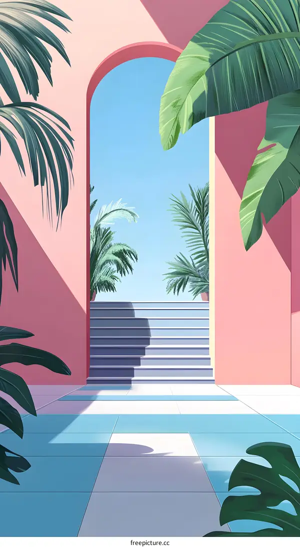 Tropical Minimalist Illustration with Palm Trees and Archway