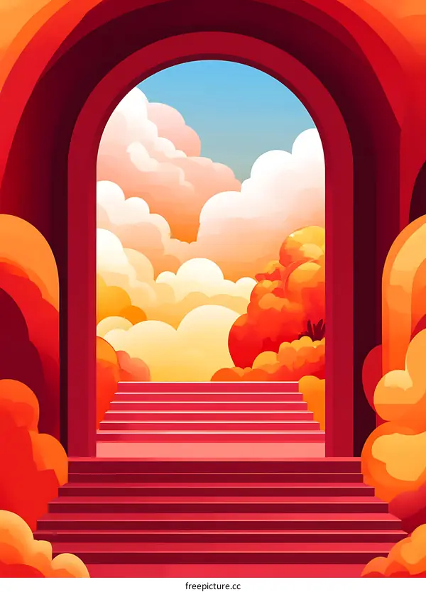Red Archway Leading to Sky with Clouds