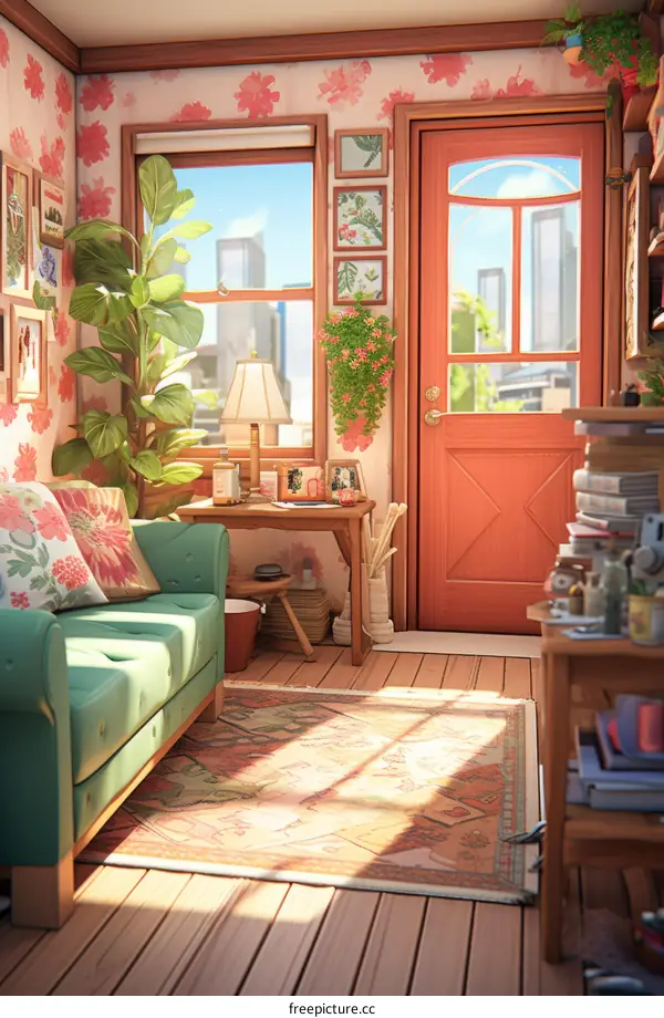 Cozy Home with Green Couch and Pink Floral Wallpaper