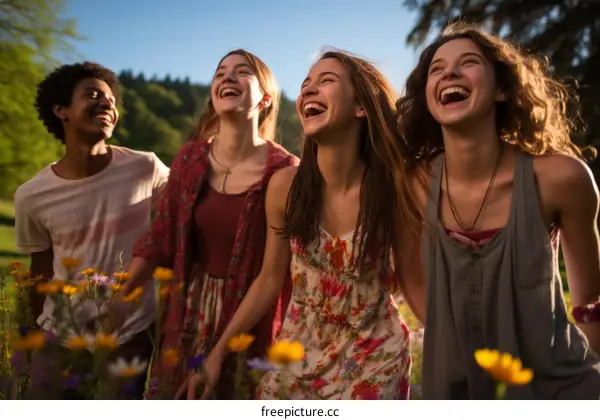 Four cheerful teenagers walking in a field of flowers