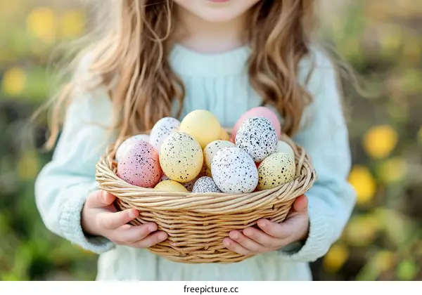 Child Holding Easter Egg Basket Outdoors