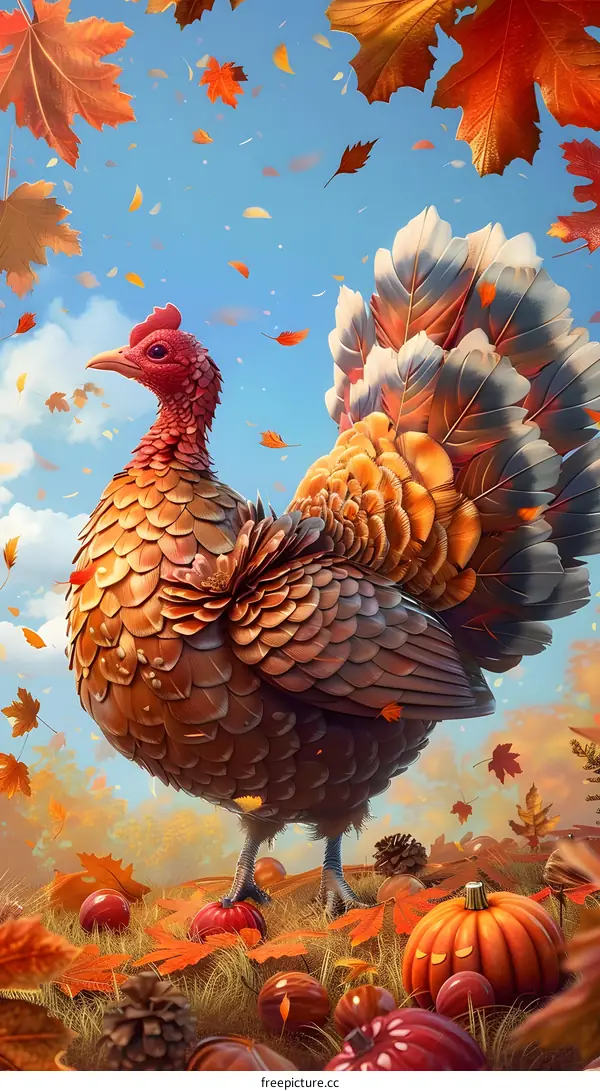 A turkey standing on the autumn leaves