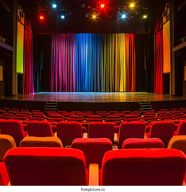 Empty Theater Seats Facing Stage With Colorful Curtains