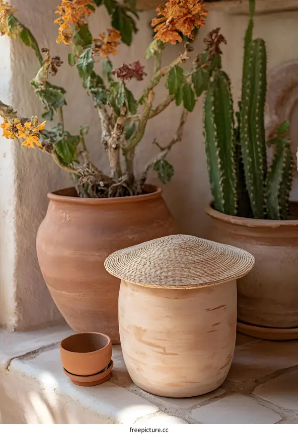 Clay Pots with Straw Lid and Cactus Plants