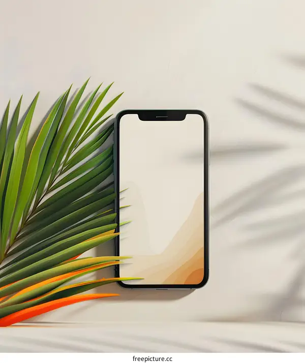 Smartphone Mockup with Palm Leaf and Minimalist Background