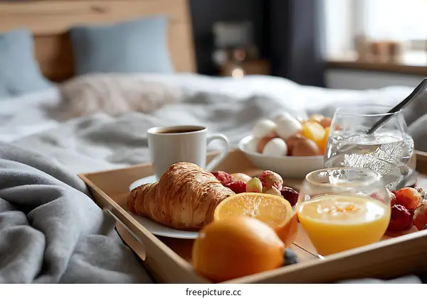 Breakfast Tray with Croissants and Fruits on a Bed