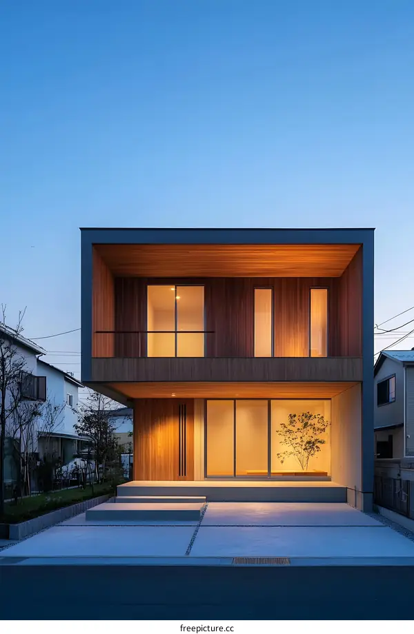 Modern Minimalist Two Storey Wooden House with Concrete Patio