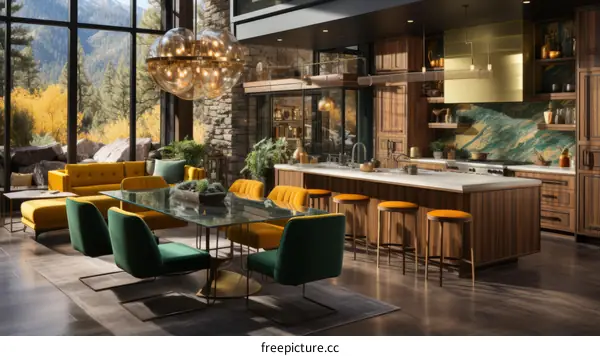 kitchen island with green chairs and yellow sofa