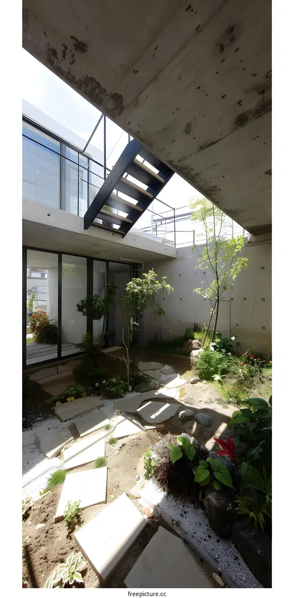 Modern Concrete Courtyard with Stone Pathway and Greenery
