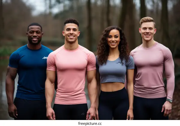 Group of four people posing in front of a lake
