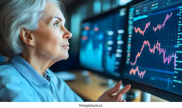 Senior Woman Looking At Stock Market Data On Computer Screen