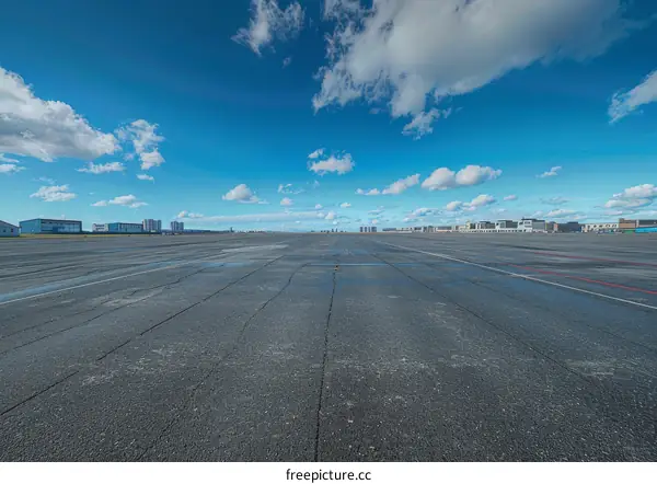 Empty Airport Runway Under a Clear Blue Sky