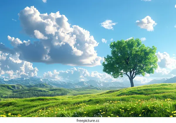Green Tree in a Field of Flowers
