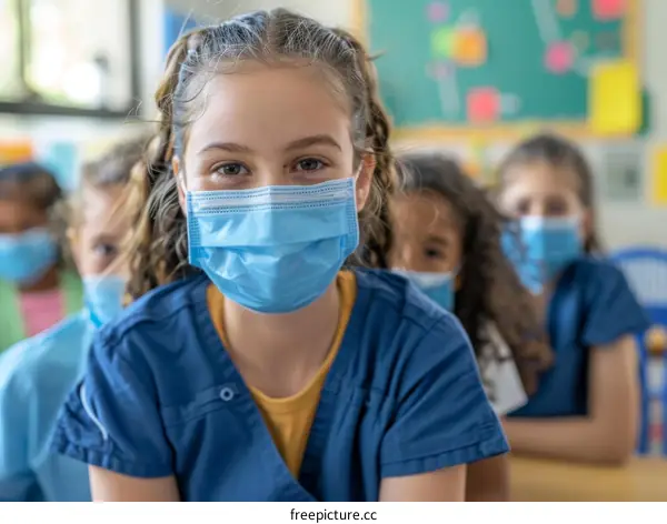 Group of diverse children wearing surgical masks in classroom