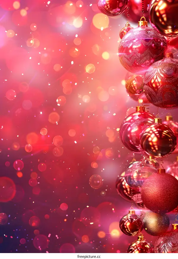 Red and pink Christmas ornaments hanging on a pink sparkly background