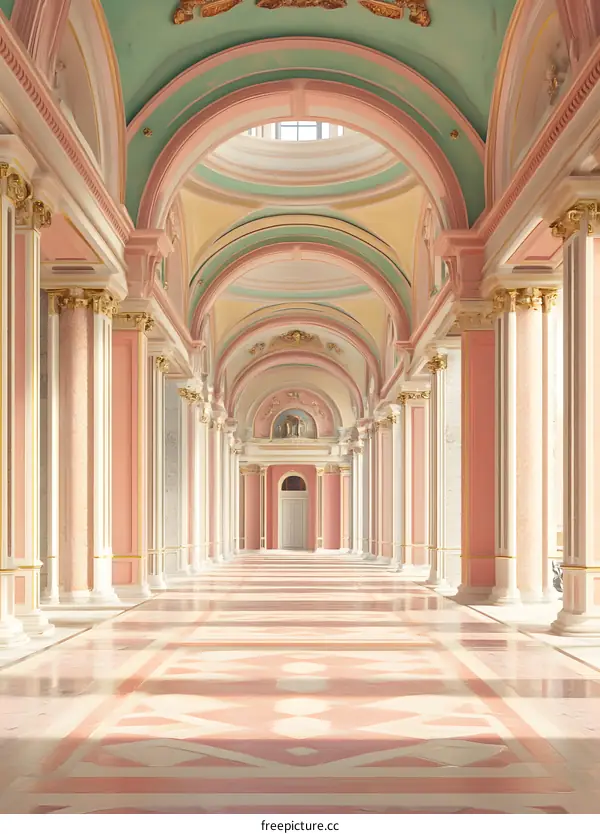 Pink and Green Arched Hallway with Columns