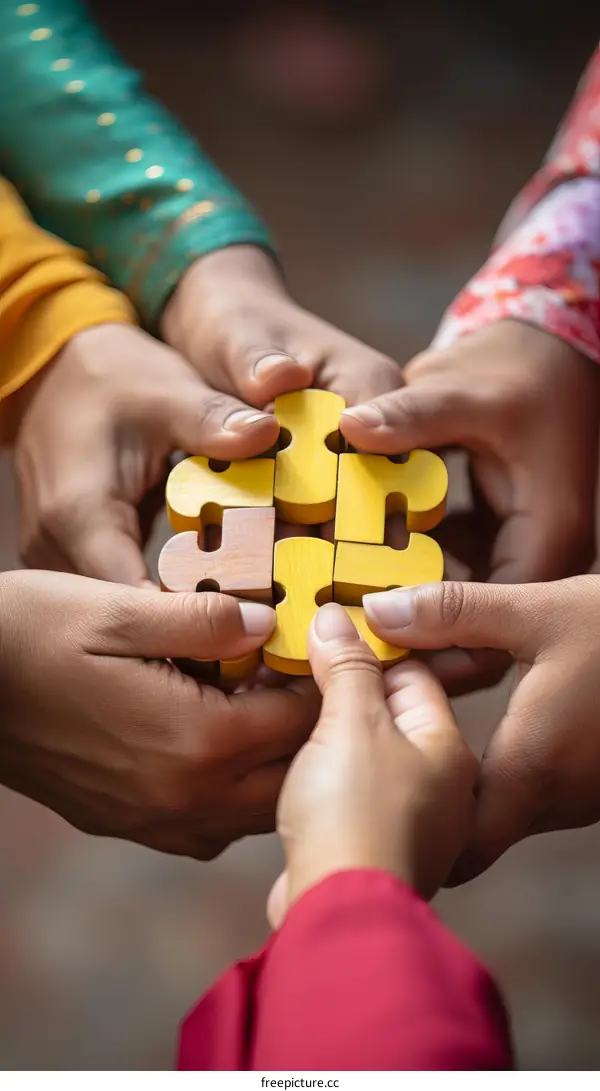 Multiracial people holding puzzle pieces together