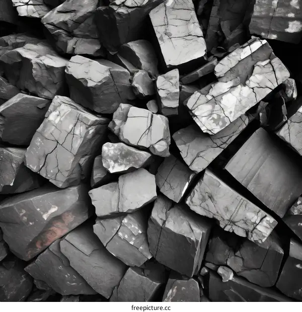A pile of dark gray rough edged rocks