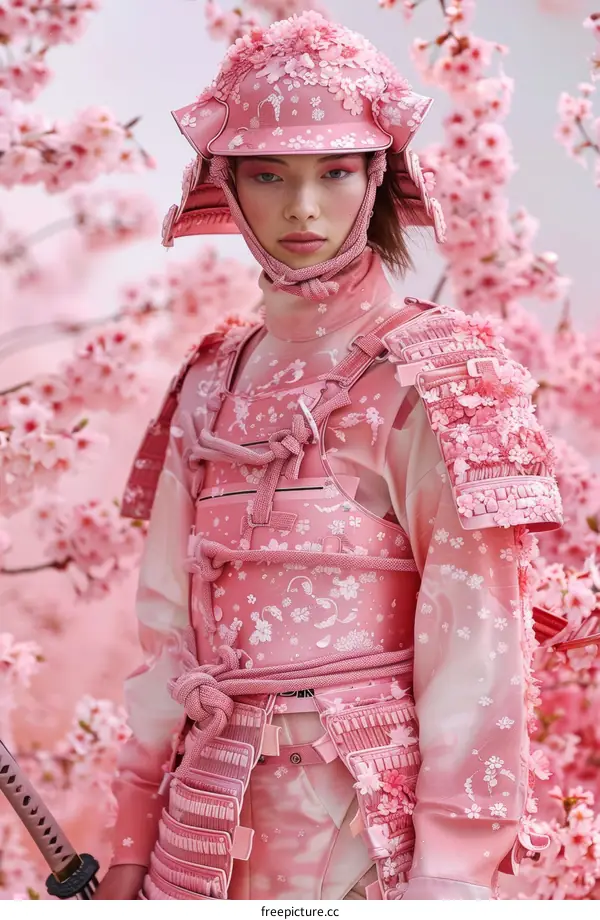 A woman wearing a pink samurai armor with cherry blossoms