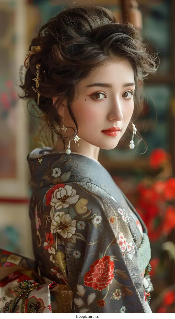 Portrait of a beautiful Asian woman in traditional Japanese kimono