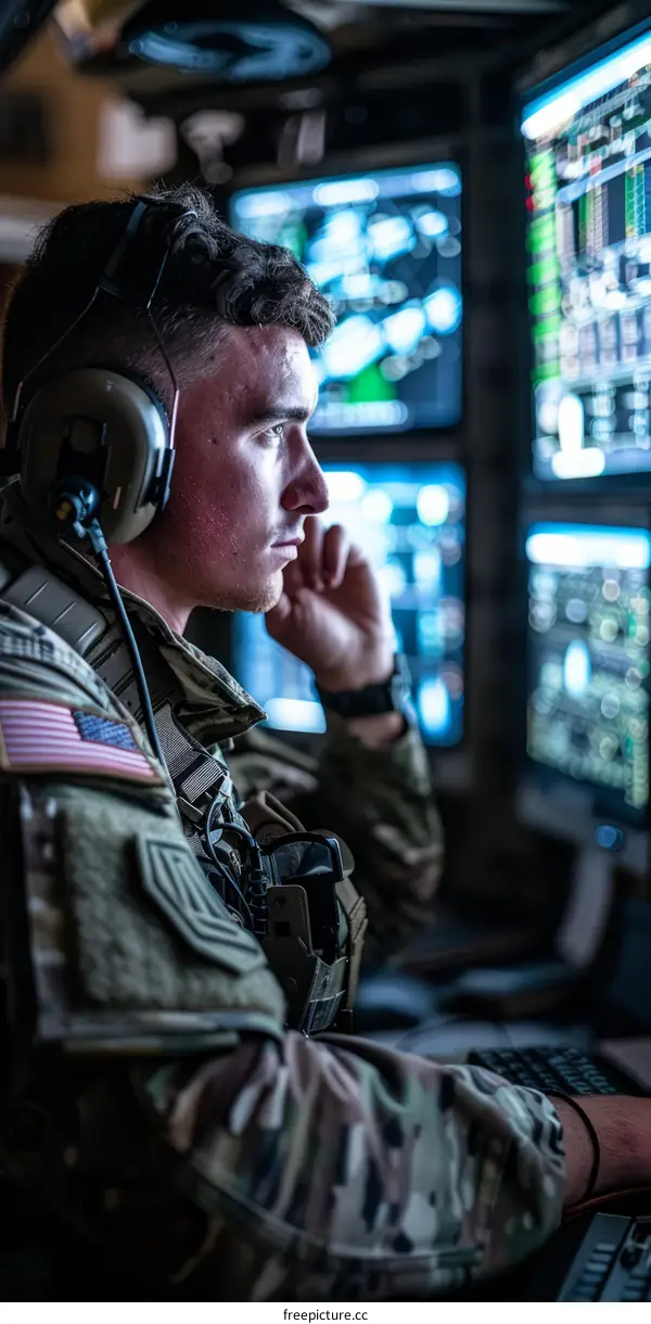 A soldier wearing headphones and looking at computer screens