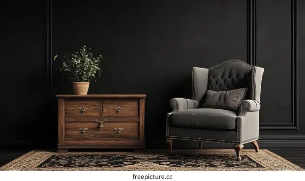 Dark Elegant Interior Design with Wooden Furniture and Armchair
