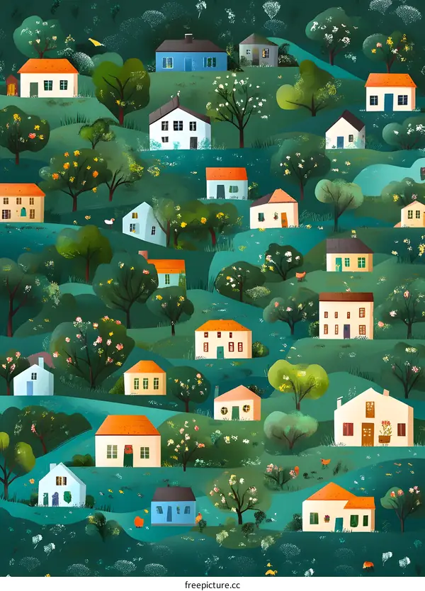 Colorful Illustration of a Village with Houses and Trees