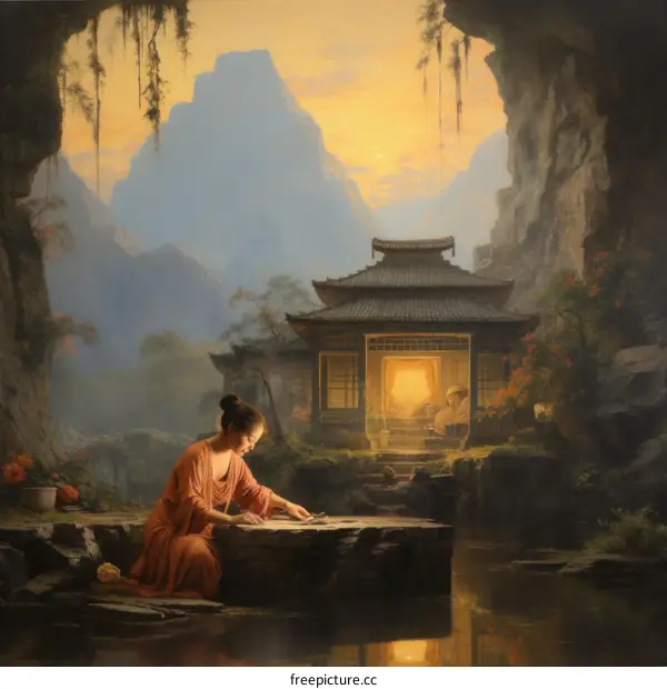A woman is reading a book in a beautiful garden with a mountain and a house in the background