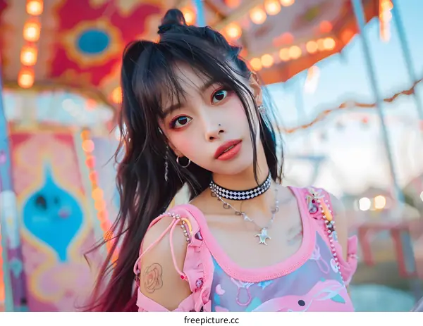 Asian Woman Posing in Pink Dress at an Amusement Park