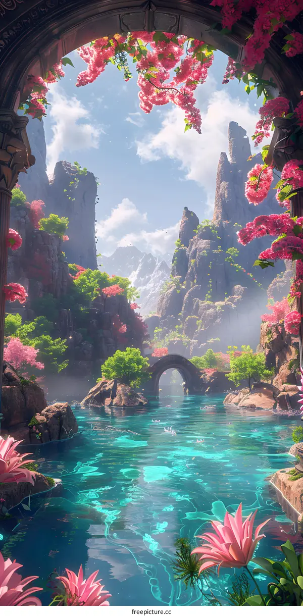 Fantasy Landscape with Stone Archway and Pink Flowers