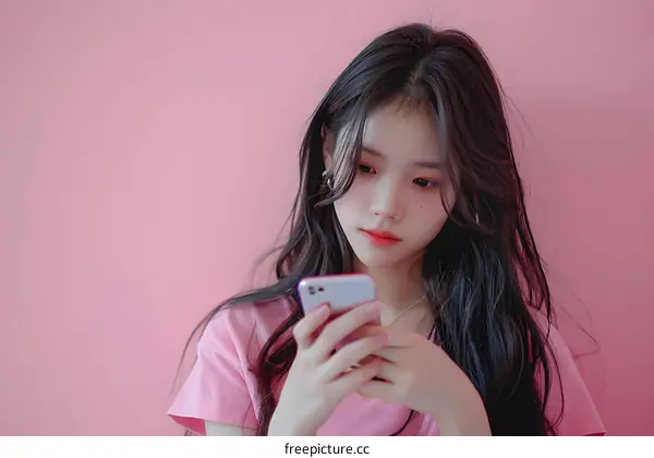 Teenage girl using a smartphone against a pink background