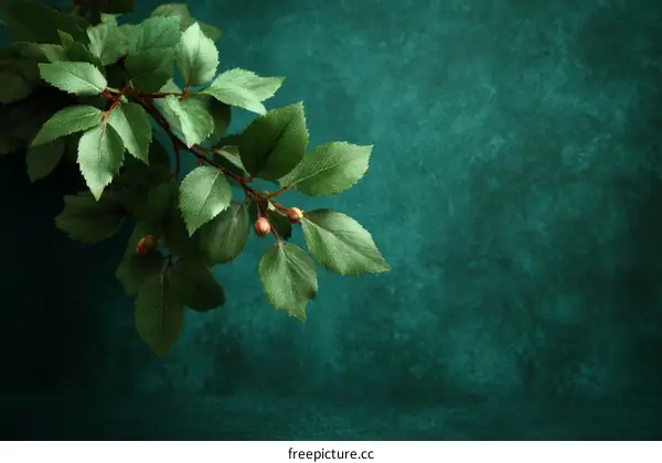 Elegant Green Leaves Branch on Teal Background