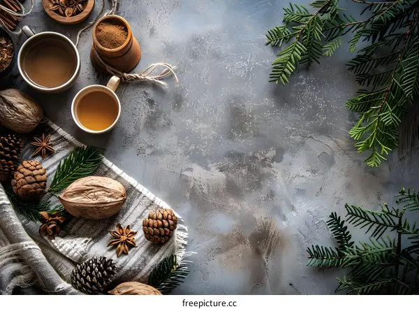 Winter Season Background with Tea, Nuts, and Pine Branches