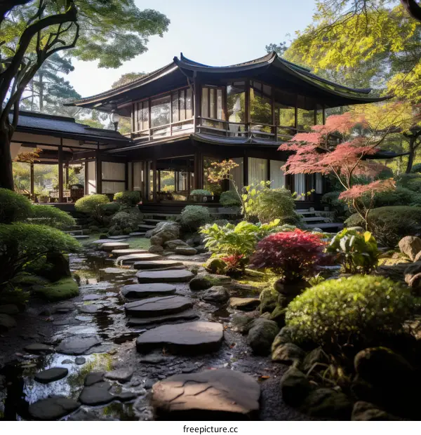Japanese garden with a traditional house and a pond