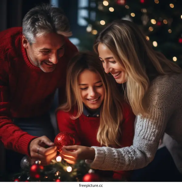 Family of three decorating a Christmas tree together