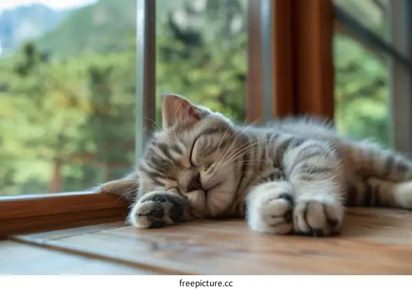 A drowsy tabby kitten naps on a wooden table before a window overlooking a mountain scenery