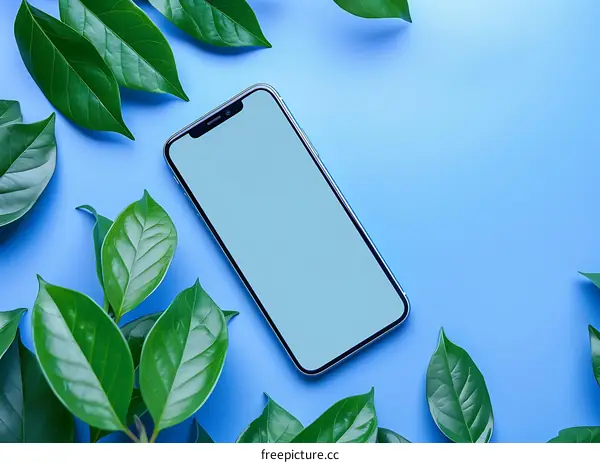 Smartphone Mockup with Green Leaves on Blue Background