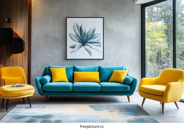 Modern Living Room Furniture Arrangement with Teal and Yellow Sofa