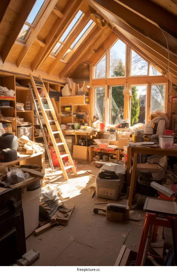 Attic workshop full of clutter and tools