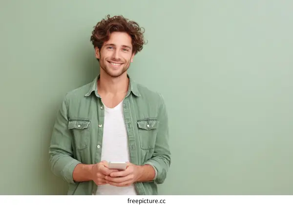 Smiling Caucasian Man Holding Smartphone Against a Sage Green Background
