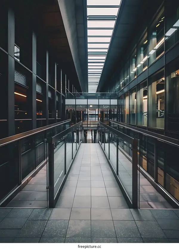 Modern Glass And Steel Building Interior Corridor With Skylight