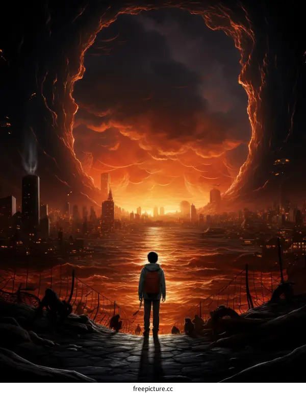 boy standing on a cliff edge overlooking a ruined city