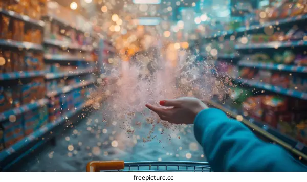A woman's hand releasing a sparkling powder in a supermarket