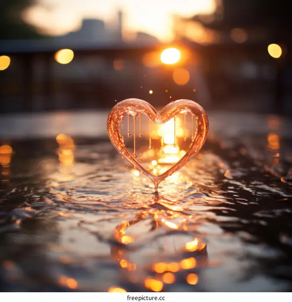 Crystal Heart Dissolving in Water with Sunset in the Background