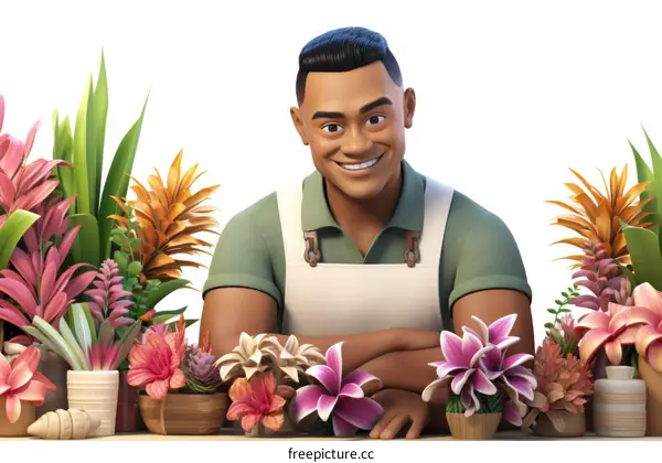 A friendly man with a green apron and a wide smile helps customers at the local flower shop.